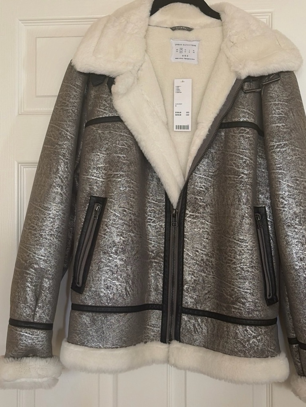 Urban Outfitters Metallic Silver Bomber Jacket with White Faux Shearling